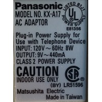 CARGADOR / ADAPTADOR DE FUENTE DE ALIMENTACION PANASONIC / VCA-VCD / NUMERO DE PARTE KX-A17 / LR51596 / E81356 / ENTRADA VCA 120V~ 60HZ  8W / SALIDA VCD 9V~ 440MA / MODELO KX-A17